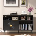 thumbnail image 5 of Large Record Player Stand, Record Table Cabinet with Power Outlet, Modern Vinyl Record Storage Cabinet with Wood Legs for Bedroom, Living Room, Office (Black), 5 of 7