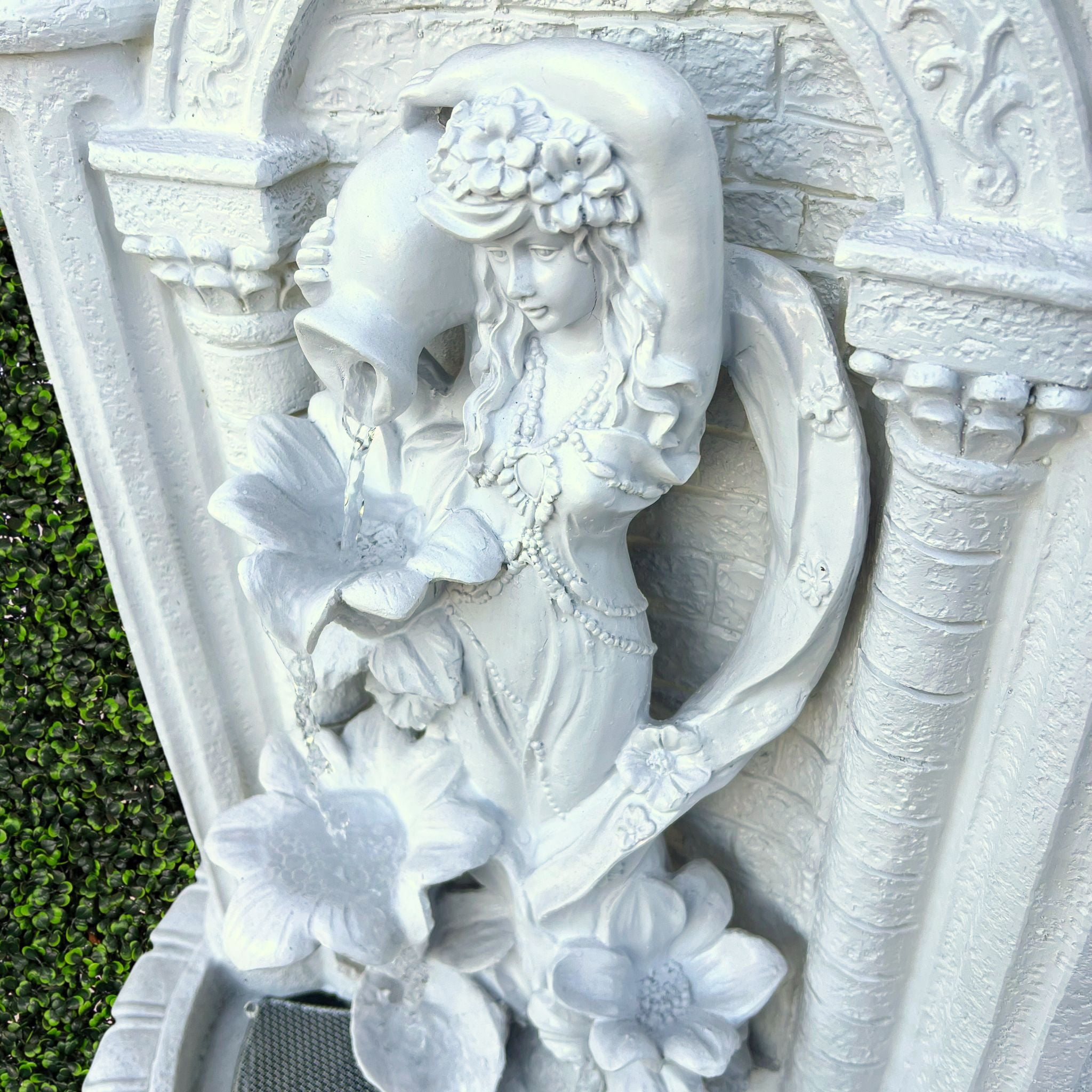XBrand 30.3" Solar-Powered Outdoor Wall Fountain with Flower Maiden Statue, Antique Stone Waterfall Design for Garden, Yard Décor & Bird Bath, Polyresin