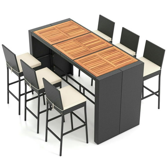 Resenkos 7 Pieces Patio Rattan Bar Set with Seat Cushions for Porch Yard Garden