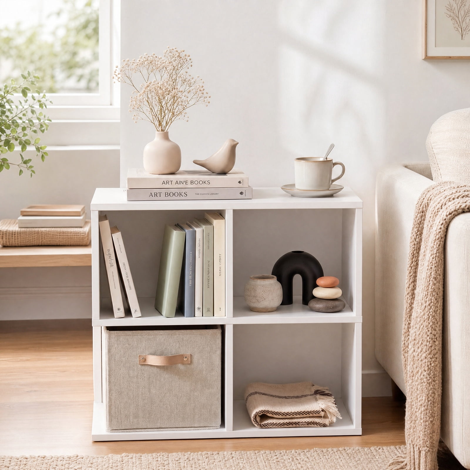 Furnibear 3 Tier S Shaped End Table with 4 Storage Cubes and Spacious Tabletop for Living Room Sofa Side and Bedroom, White