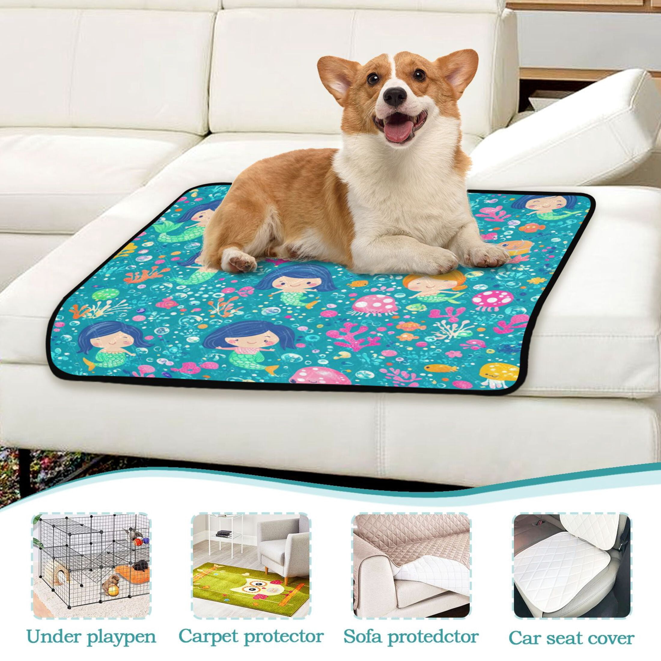 Qxltty Cartoon Mermaids Blue Pattern Cat litter Pads Pet Set of 3 Diaper Mats Center Anti-leakage Layer Absorbent Soft and Comfortable