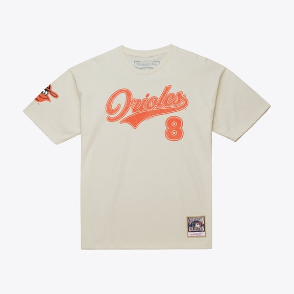 Men's Mitchell & Ness Cal Ripken Jr. Cream Baltimore Orioles Cooperstown Collection Throwback Name & Number T-Shirt