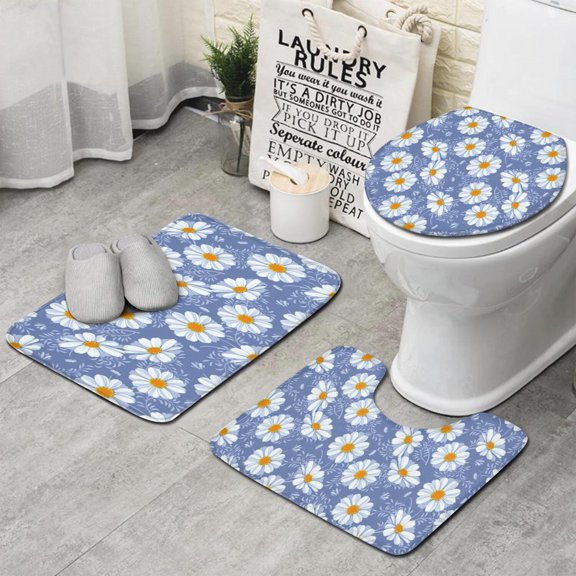Blue Daisy Flower Pattern Bathroom Rugs Sets 3 Piece,Toilet Cover Set,Absorbent Non Slip Bathroom Mats Sets with U-Shaped Contour Rug Toilet Rug Set