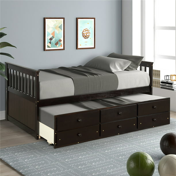 Twin Size Platform Bed With Trundle And, Platform Bed With Trundle Drawers And Bookcase