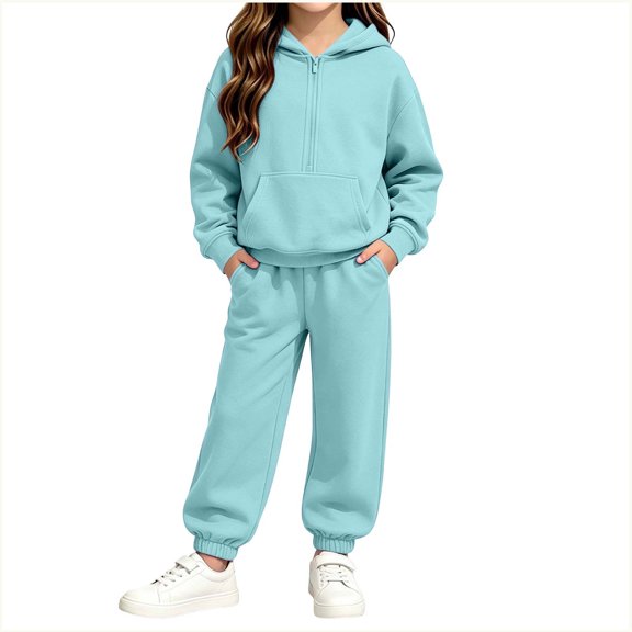 Eltusu Girls Outfit Sets Two Pieces, Sports Elastic Waist Long Sleeve Hoodies and Joggers Sets Light Blue Size 7-8 T