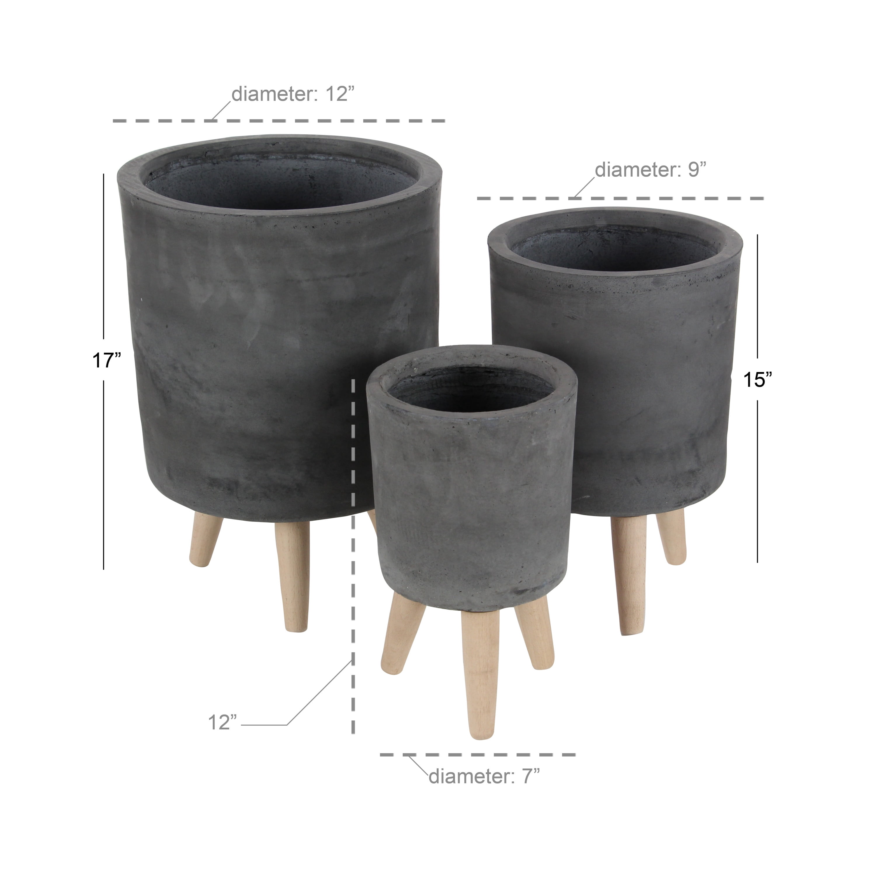 DecMode 12", 15", 17"H Indoor Outdoor Black Fiberclay Planter with Wood Legs (3 Count)