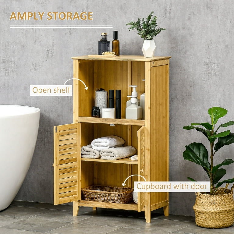 HOMCOM Bathroom Storage Cabinet, Bamboo Floor Cabinet Organizer