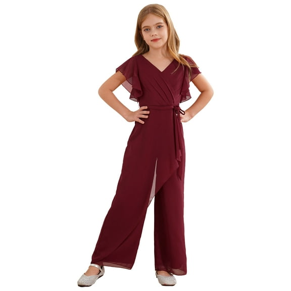 TiaoBug Kids Girls Formal Costume V Neck Bodysuit Rompers Jumpsuit Short Sleeve Wide Leg Pants Burgundy 8