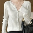 thumbnail image 4 of ATOYSOY Women's V Neck Button Ribbed Sweater Cardigan Long Sleeve Collar Slim Knitted Pullover Fall Winter White L, 4 of 7