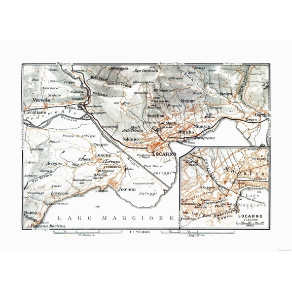 Historic Map - Locarno Switzerland - Baedeker 1921 - Vintage Wall Art