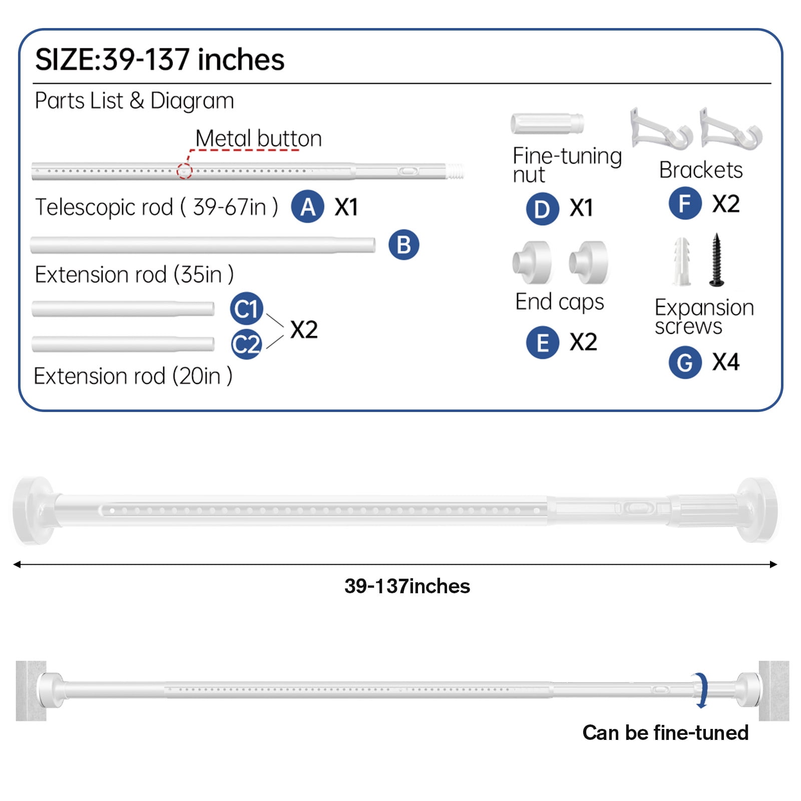GIRACOA One-Push Tension Curtain Rod, 39-137 Inches Extra Long No Drill Adjustable Spring Rod, Heavy Duty 723 lbs Support, Rustproof Steel for Patio Outdoor Bathroom Window, Matte White