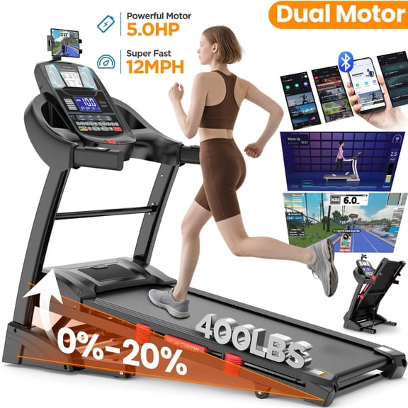 Dual Motor 5.0HP Folding Electric Treadmill for Home, Durable Running Machine with 20% Auto Incline, 400LBS Capacity, Bluetooth & APP Control, Quiet Compact Walking Pad Treadmill
