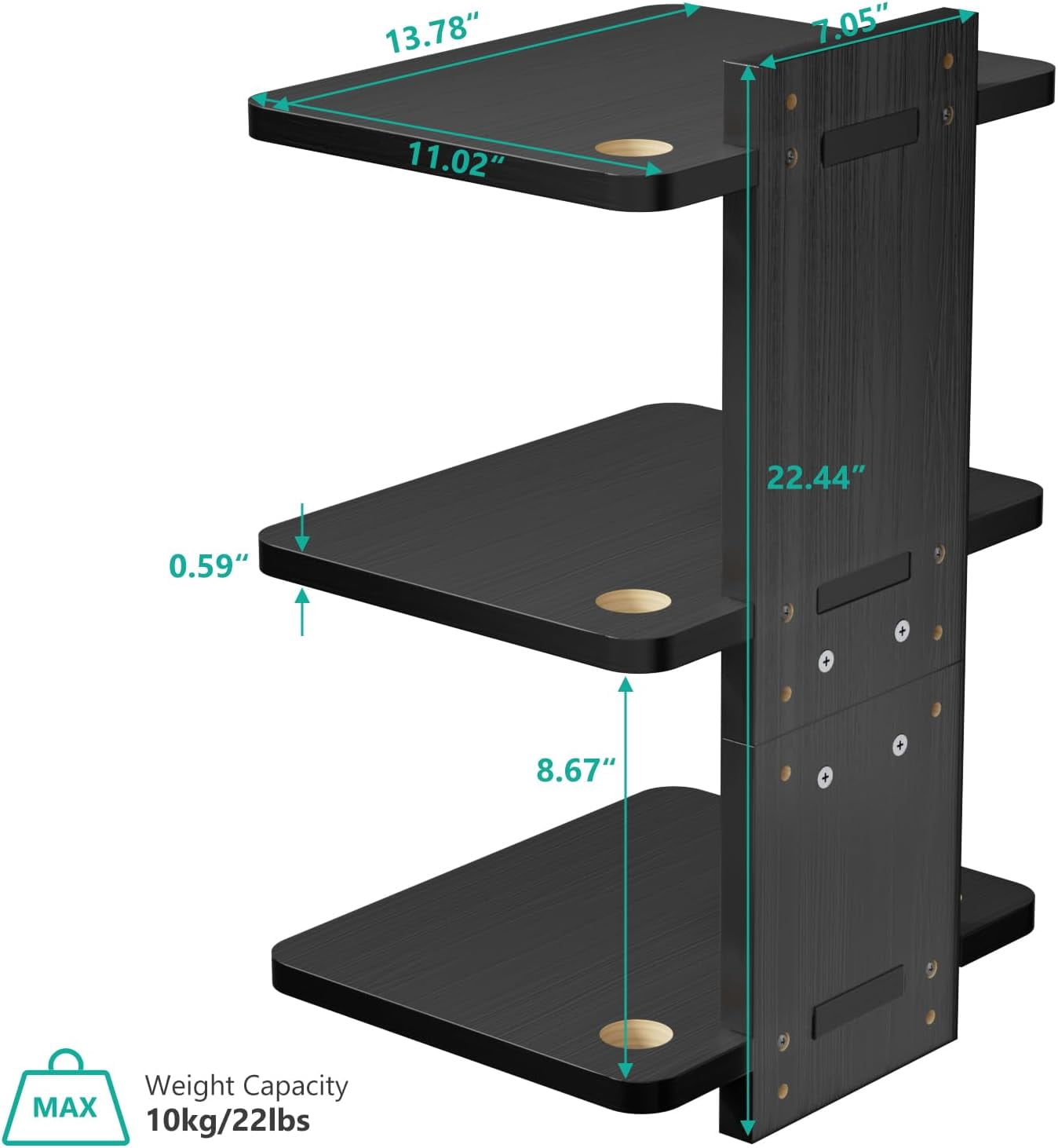 Floating TV Shelf, 3 Tier Projector Shelf for DVD Players, Routers, Game Consoles, Cable Boxes, Living Room Decor Accessories, Wall Mount Shelves Holds Up to 22lbs (CS303NB), 3-Shelf, Black