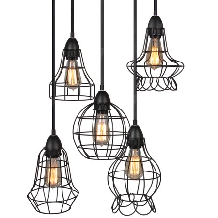 Best Choice Products 5-Light Industrial Steel Hanging Lighting Fixture with Pendant Cage Adjustable Cord Lengths,