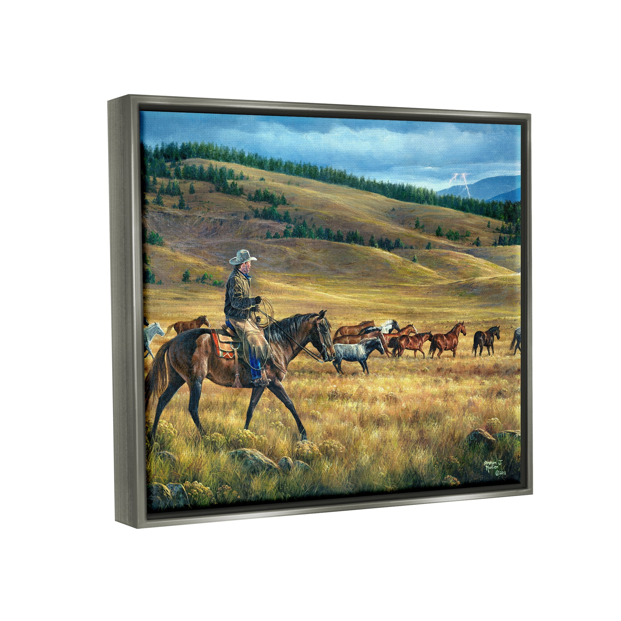 Stupell Industries Equestrian Horse Landscape Animals & Insects Painting Gray Floater Framed Canvas Art Print Wall Art, 31 x 25