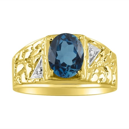 Rylos - Mens Blue-Topaz & Diamond Ring 14K Gold Yellow Band - December