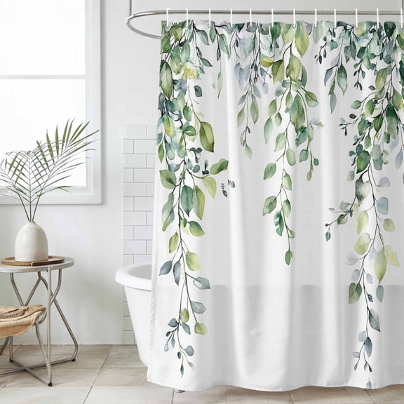 Green Eucalyptus Leaf Waterproof Fabric Shower Curtain,Spring Botanical Leaves Floral Waterproof Fabric Shower Curtain for Bathroom Curtains Bathtubs Shower Curtains with 12 Hooks Extra Long 72x96