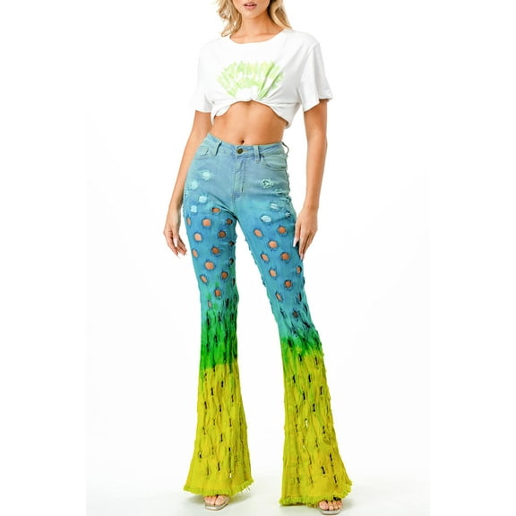Purple Candy Womens Juniors Neon Tie Dye Distressed Denim Flares (Blue/Yellow, S)