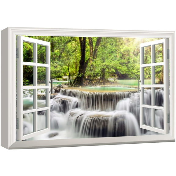 wall26 Canvas Print Wall Art Window View to Flowing Forest Waterfall Nature Wilderness Photography Realism Rustic Landscape Colorful Multicolor Ultra for Living Room, Bedroom, Office - 24"x36&qu