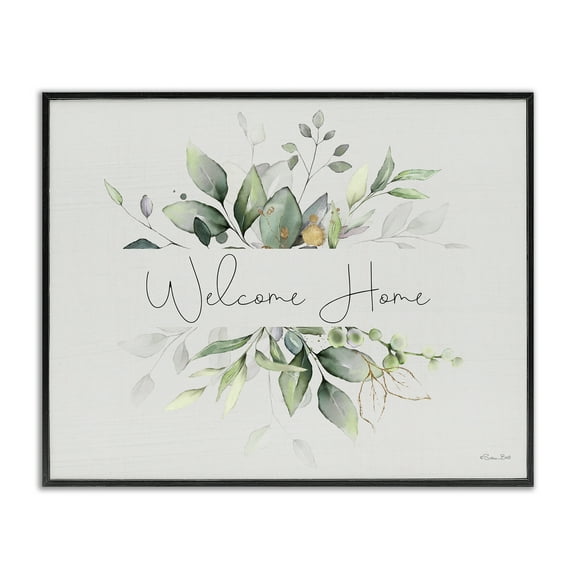 Stupell Industries Soft Leaves Welcome Botanical & Floral Painting Black Framed Art Print Wall Art, 14 x 11