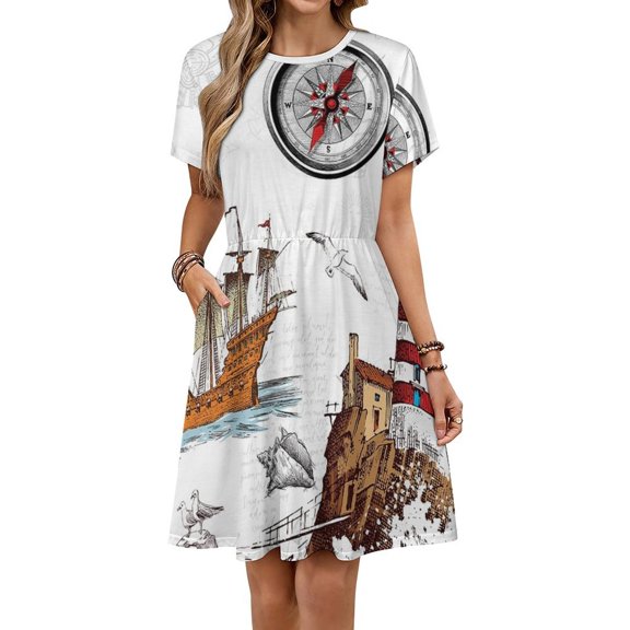 Ocean Nautical Vintage Sea Coastal Lighthouse Boat Dress Fashion Beach Short Sleeve Dresses Female Party Printed Sundress