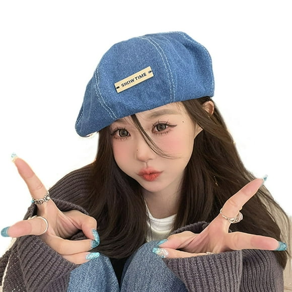CNKOO Women Casual Newsboy Beret Hat Autumn Winter Solid Color Letter Logo Octagonal Hat Denim Painter Hat Streetwear
