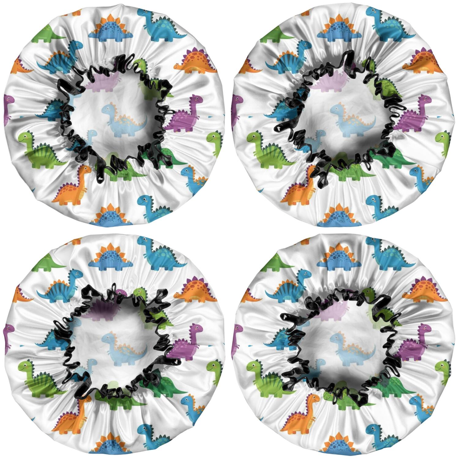 Shower Caps,White Dinosaurs Pattern Waterproof Shower Cap for Women 4 Pieces,Double Reusable Hair Cover for Shower PEVA Elastic Stretch Hem