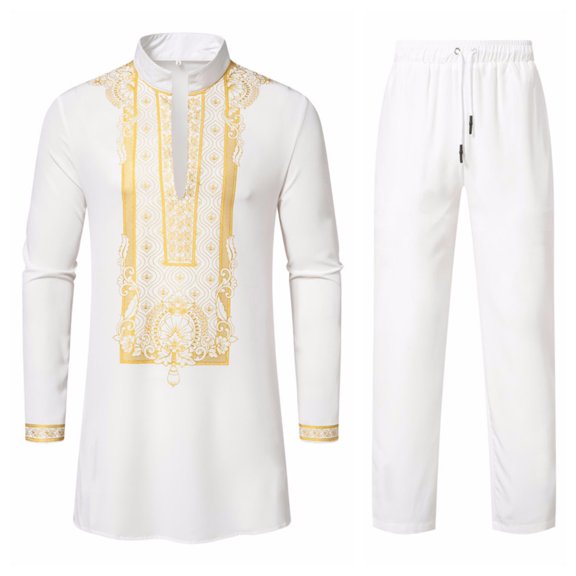 Stamzod Men's Luxury Sets Clearance Ethnic Style Printed Slim Fitting Long Sleeved Dashiki Pants Two-Piece Set