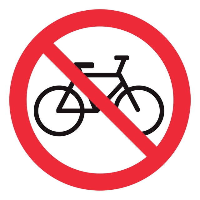 Señal prohibitiva: "No ingresar con bicicletas" en blanco, rojo y negro. Plástico estireno calibre 40 resistente a exteriores, medida: 20 x 20 cm. Señalamiento, Cartel, Letrero cuadrado, Señalización.