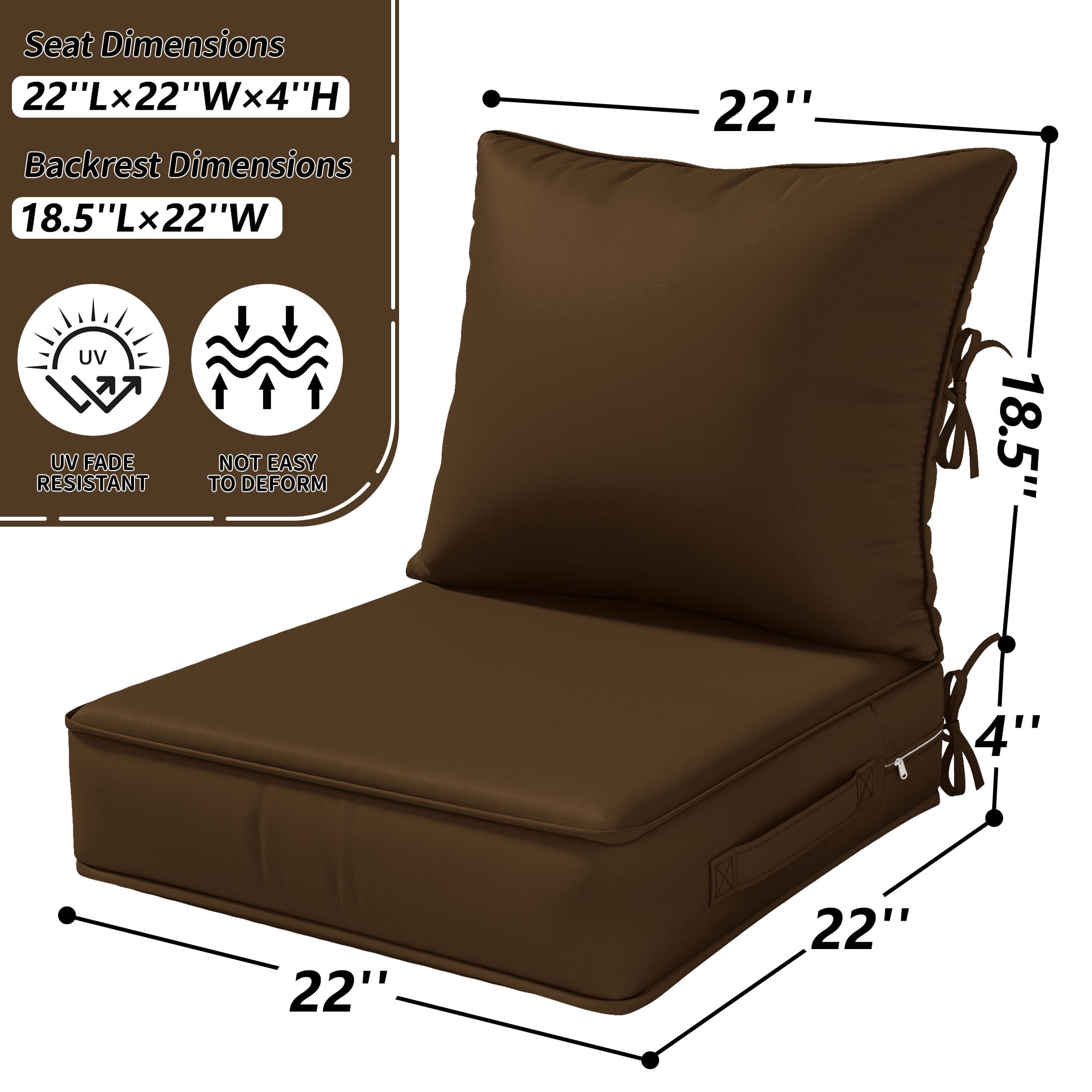 Kimunuk Outdoor Deep Seat Cushion Set for Patio Furniture, Splash-Proof & Fade Resistant, 22" L X 22" W X 4" H, Chocolate