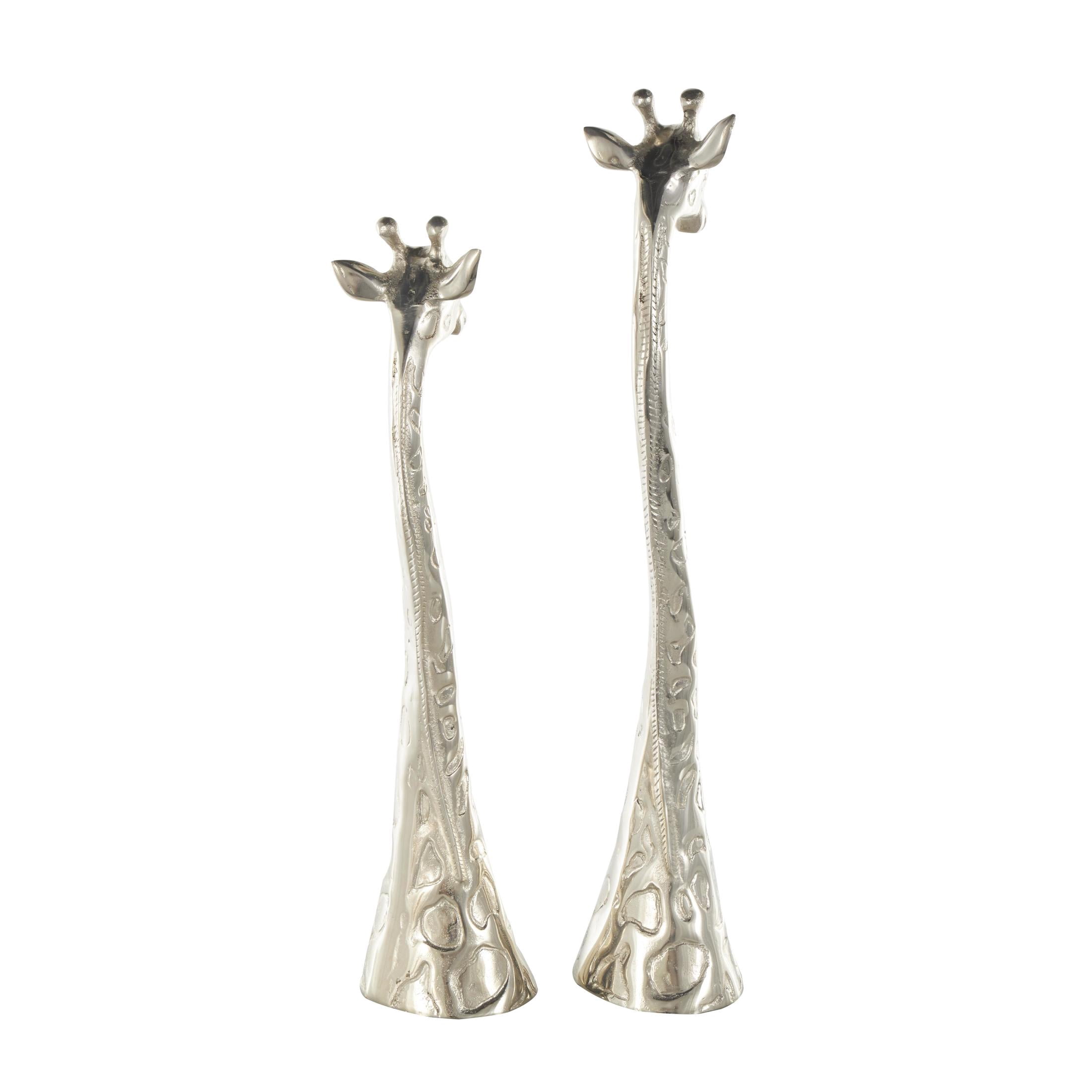 28", 27"H Silver Aluminum Metal Tall Giraffe Sculpture with Spotted Texturing, by DecMode (2 Count)