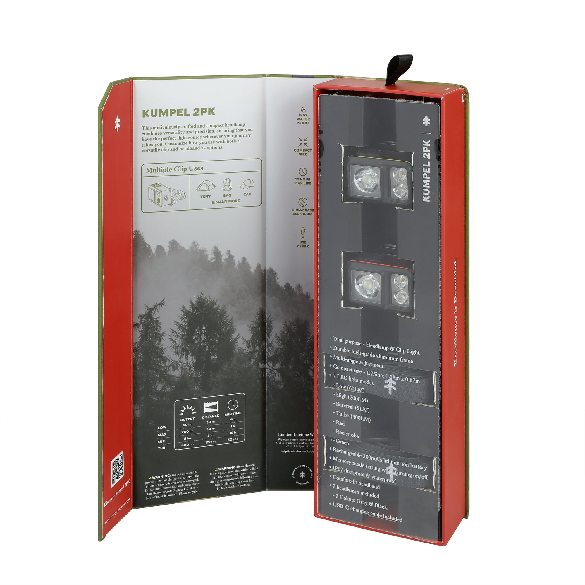 Swiss Tech Kumpel 400 Lumen Mini LED Headlamp, Waterproof, Red & Green 2-Pack