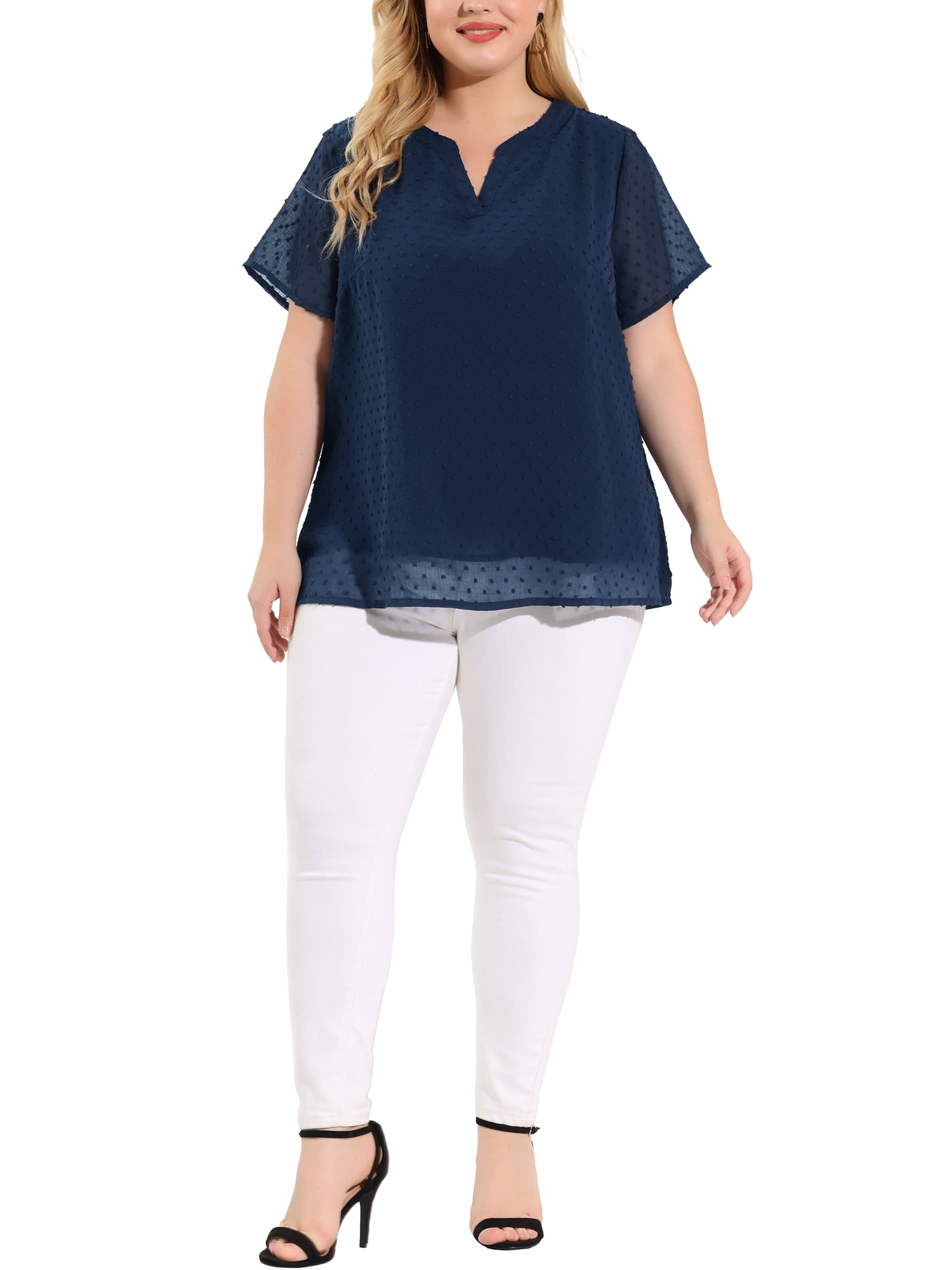 Unique Bargains Women's Plus Size Outfits Fashion Solid Pin Dots V Neck Top 3X Navy Blue