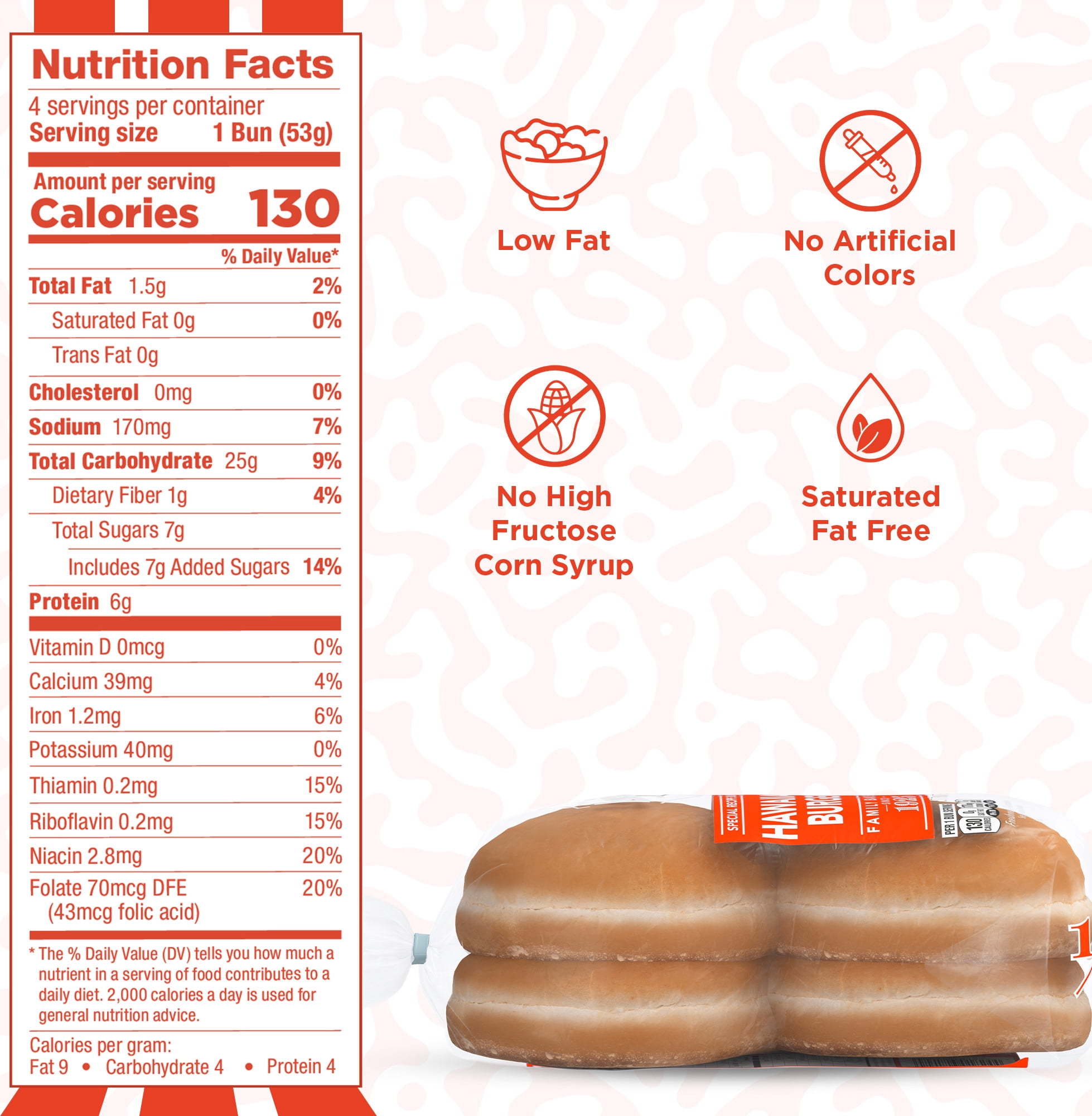 Lewis Bake Shop Hawaiian Half Pack Burger Buns, 7.5 oz, 4 Count