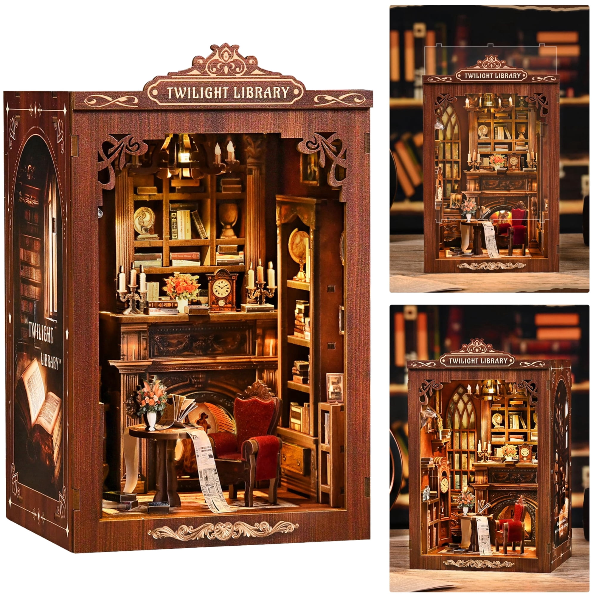 Book Nook Kit, MOJINO DIY Miniature House Kit, Wooden 3D Puzzle Glimmering Book Pavilion, DIY Handmade Book Nook Models, Birthday and Mother's Day Gifts for Family and Friends