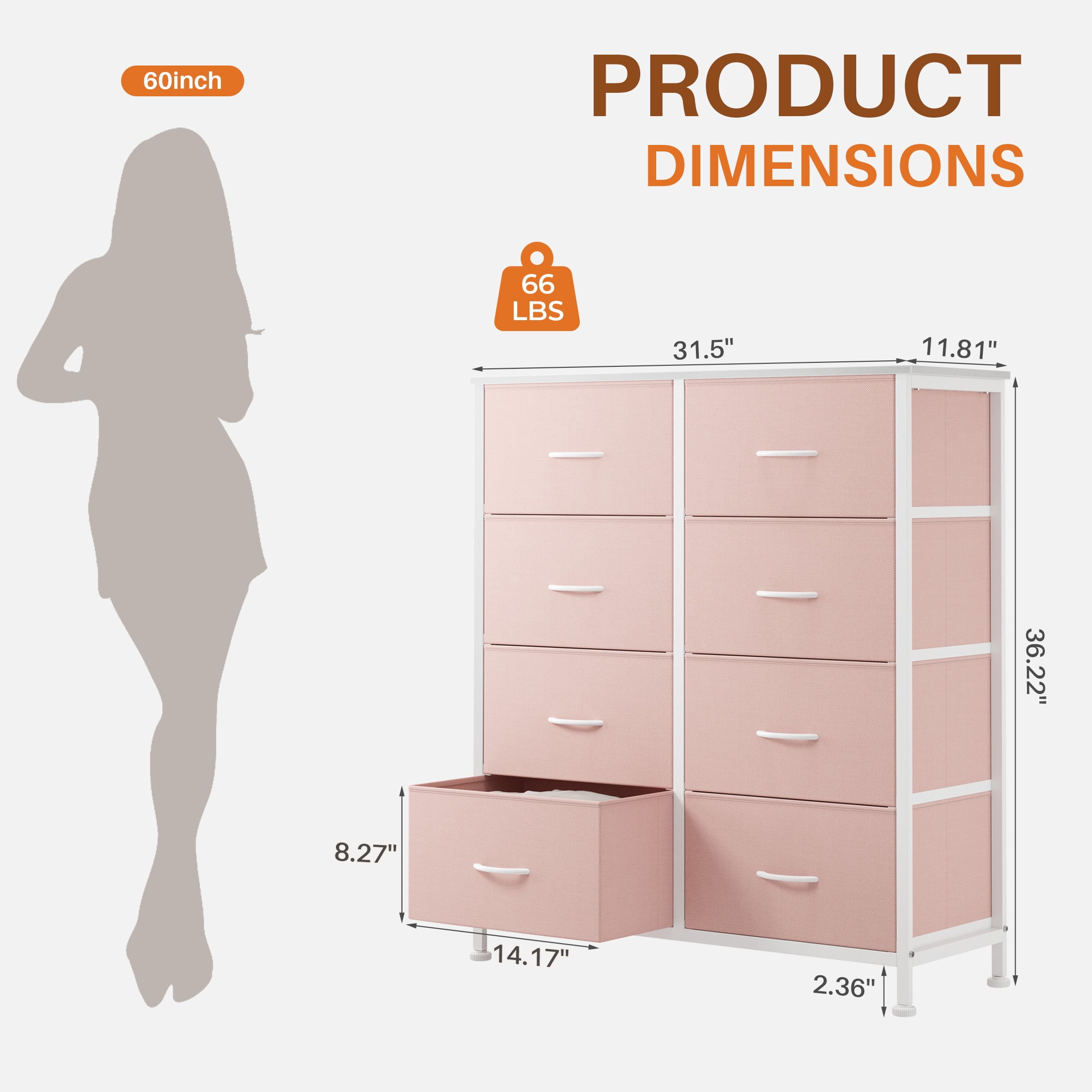 CONCETTA 8-Drawer Fabric Dresser Storage Chest for Bedroom, Closet, Entryway, Storage Furniture for Adults, Pink