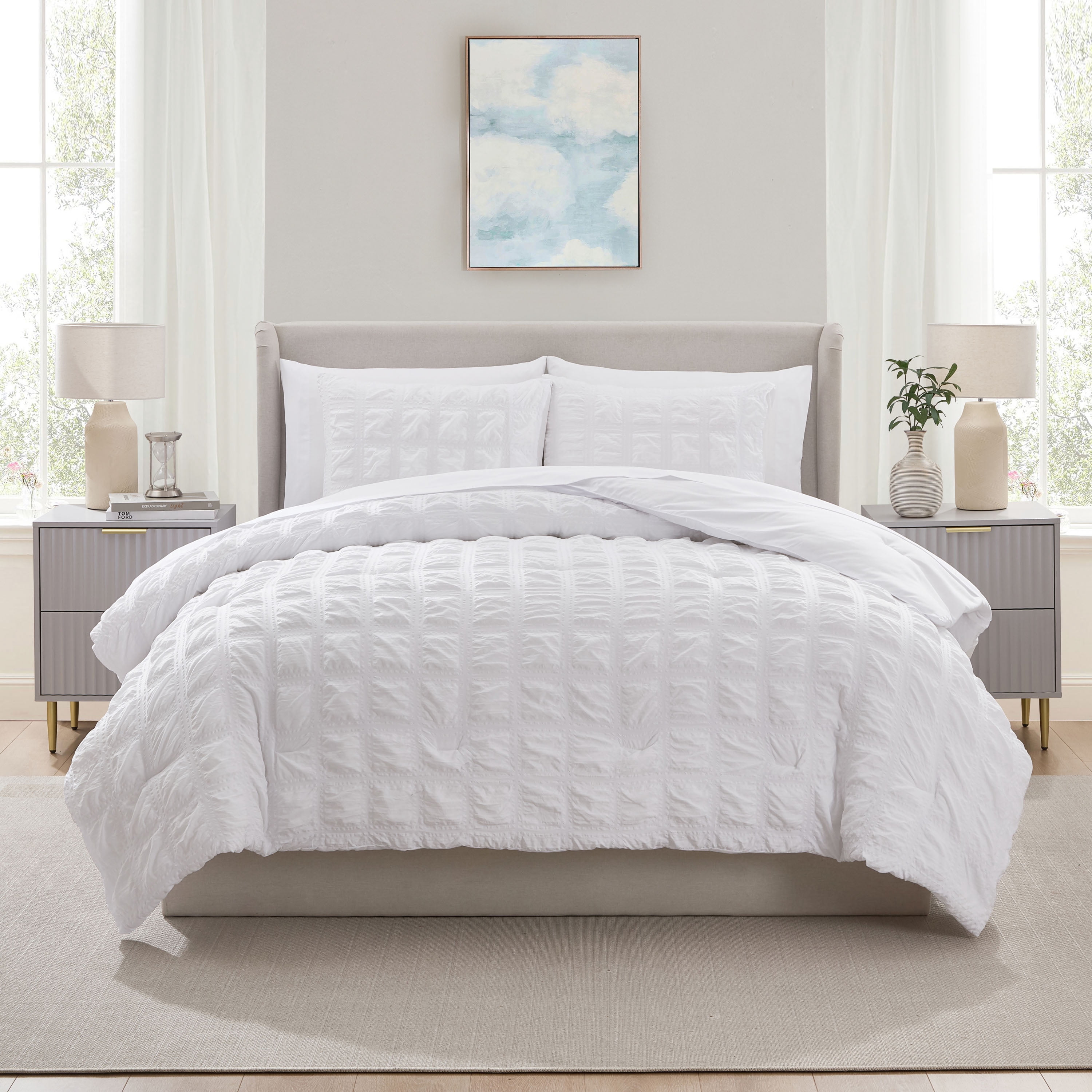 LammaLoe Queen Comforter Set, 7 Piece Seersucker Bed in a Bag, Bedding Comforter Set with Sheets, Modern Bed Set, White