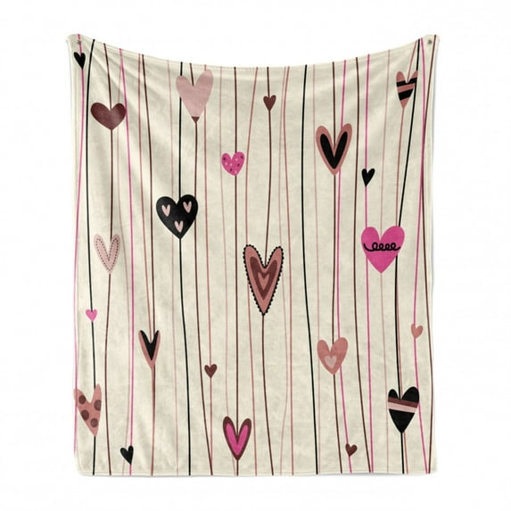 Valentines Day Soft Flannel Fleece Blanket, Hearts in Various Shapes and Sizes with Doodle Lines Love Themed Image, Cozy Plush for Indoor and Outdoor Use, 50" x 70", Black Coral Pink, by Ambesonne
