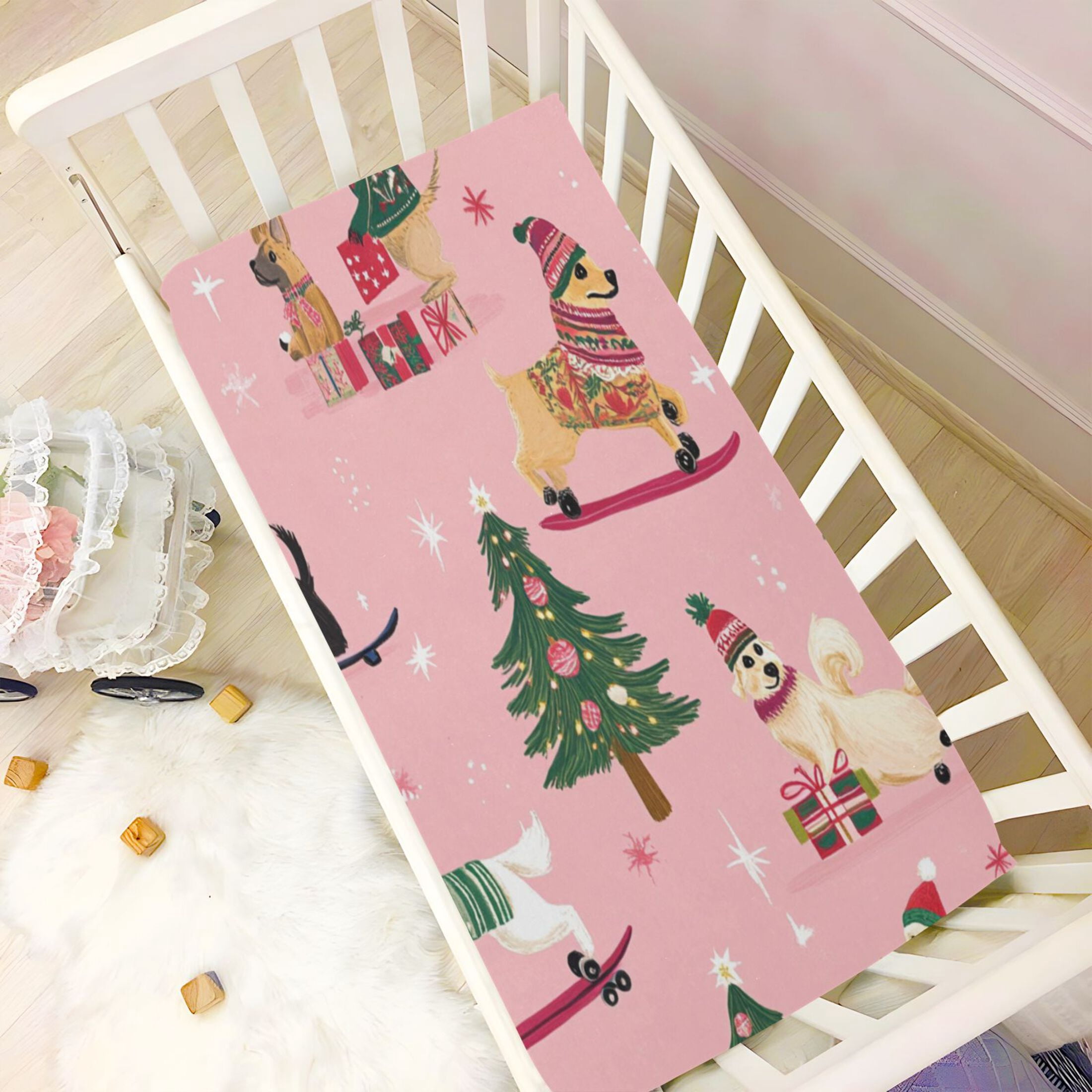 WOBOGO A Pink Background with Dogs in Christmas Costumes Baby Crib Sheets Super Soft Microfiber Playard Sheet Fitted Design for Maximum Comfort and Safety52×28×9in