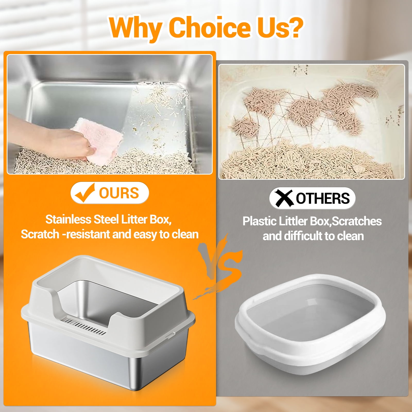 Stainless Steel Cat Litter Box - High-Sided, Non-Stick & Odor Resistant, Easy to Clean for Large Cats