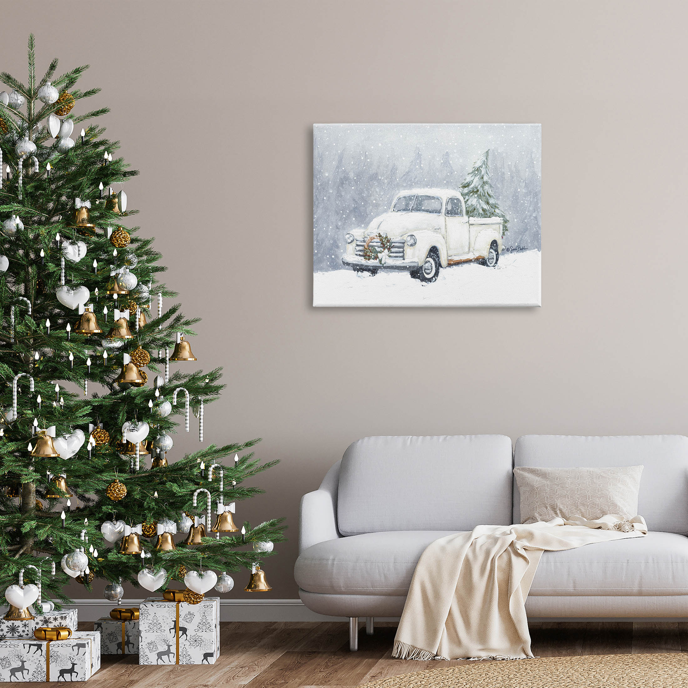 Seasonal Niveous Snow Truck Scene Holiday Painting Gallery Wrapped Canvas Print Wall Art