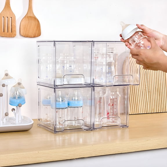 LAMIRO Clear Stackable Storage Drawers Acrylic Drawer Container with Handle Multifunction Items Organizer for Makeup under Sink Cabinet Kitchen-Clear
