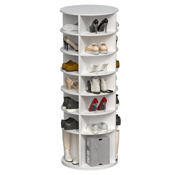 7-Tier White Rotating Shoe Rack Tower, 360° Spinning Organizer for Up to 28 Pairs of Shoes, Space Saving Design