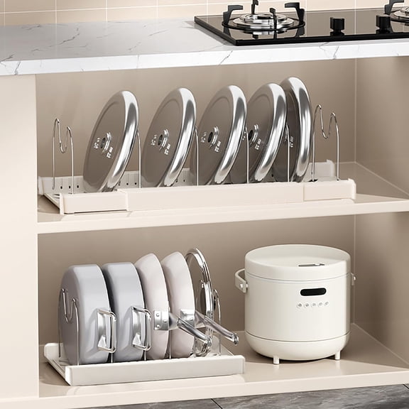 XMZHOU Expandable Pot Lid And Dish Organiser - 7 Stainless Steel Adjustable Dividers, Kitchen Countertop Rack For Cake Molds, Cutting Boards, Mats, Cookware, Cabinet, White