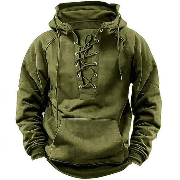 ZCFZJW Western Hoodie Tops for Men Trendy Casual Long Sleeve Cross Bandage Hooded Sweatshirts Athletic Drawstring Pullover Tops with Pockets Army Green XL