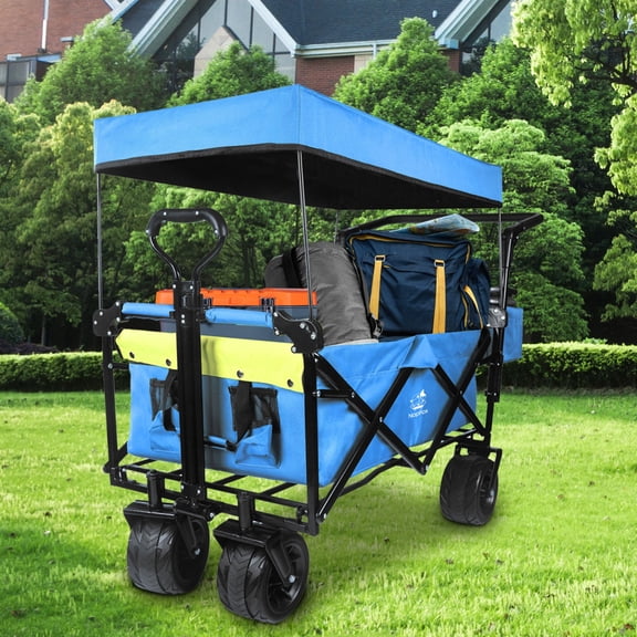Foldable Wagon with Removable Canopy & Cooler Bag - Heavy Duty Collapsible Wagon Utility Cart with 4" All-Terrain Wheels for Camping Beach Garden, Green Yellow