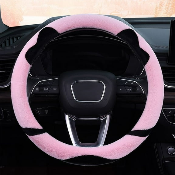 Cute Cat Ear Steering Wheel Cover Winter Warm Plush, Soft Non-Slip Grip Handle Protector, Fuzzy Cartoon Style Wheel Cover for Women Girls Car Accessories and Interior Decor