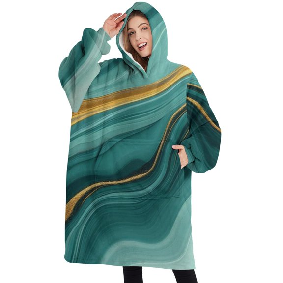 Oversized Wearable Blanket Hoodie,Teal Gold Marble Pattern Sherpa Blanket Hoodie with Super Pockets,Super Warm Fuzzy Pullover for Women & Men