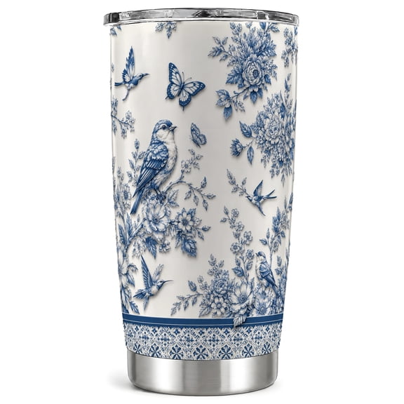 Blue Floral Tumbler 20oz, Bird Garden Tumbler, Stainless Steel Travel Cup