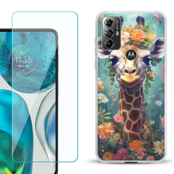 OneToughShield ® for Motorola Moto G Play 2023 Shockproof Fashion Phone Case, with Tempered Glass Screen Protector - Giraffe Flower